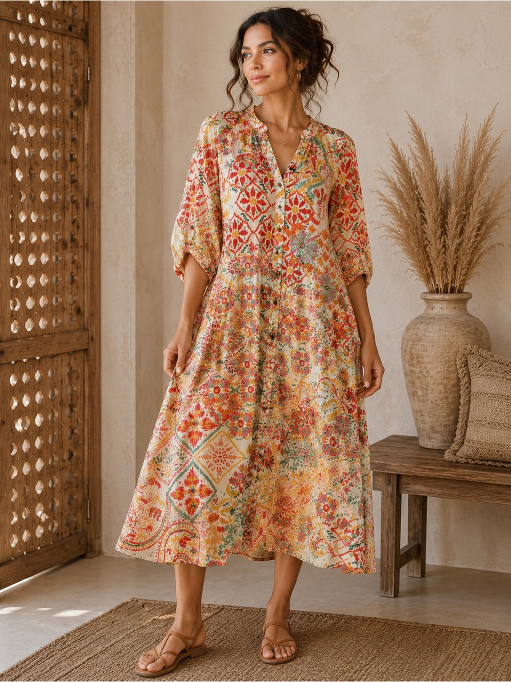 Zara Boho Printed Midi Dress XL Bright Coastal Patchwork